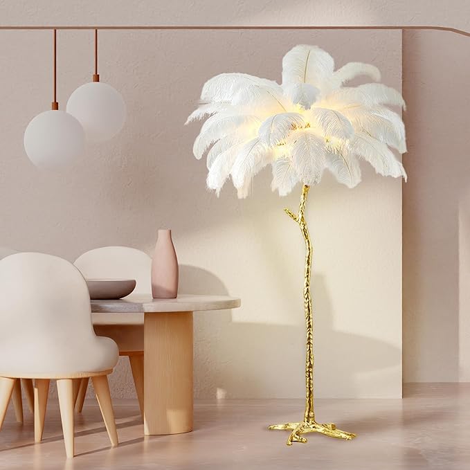 Ostrich Feather Floor Lamp Modern Ostrich Feather LED feather lamp floor Lamp Dimmable Standing feather floor lamp for Living Room Bedroom（White） - LeafyLoom