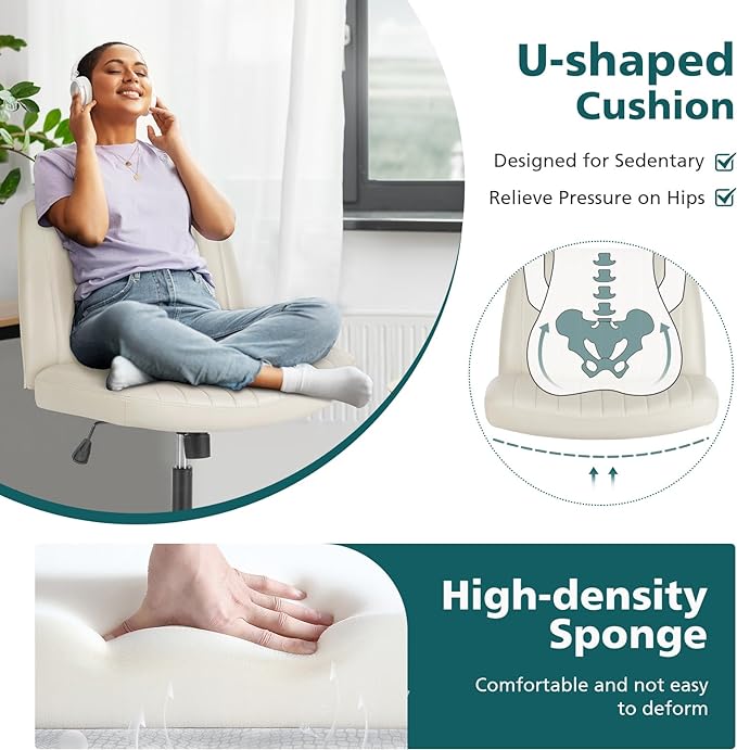 OLIXIS Cross Legged Armless Wide Adjustable Swivel Padded Home Office Desk Chair, Cream with Wheels - LeafyLoom