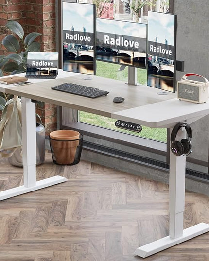 Radlove Electric Height Adjustable Standing Desk, 63x 30 Inches Stand Up Desk Workstation, Splice Board Home Office Computer Standing Table Ergonomic Desk (White+ Oak, 63x30'') - LeafyLoom