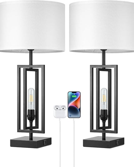 EDISHINE 25.6" Farmhouse Table Lamp with Night Light, Rustic Bedside Lamp Set of 2, A+C USB Ports, Touch 3-Way Dimmable Nightstand Lamp for Living Room, Bedroom, Home Decor - LeafyLoom