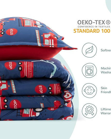 SLEEP ZONE Kids Bedding Twin Comforter Set - Super Soft & Cute Printed 2-Piece Comforter Set All Seasons for Boys, Girls, Fade Resistant, Machine Washable, Fire Truck - LeafyLoom