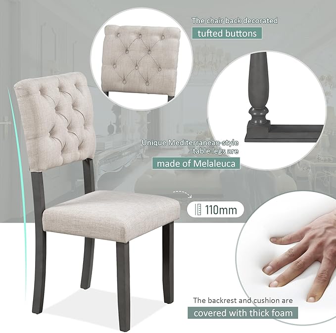Dining Table Set for 6, 6-Piece Dining Table and Chair Set with Special-Shaped Legs and Foam-Covered Seat Backs & Cushions, Dining Room Table Set for Living Room, Grey+Beige - LeafyLoom