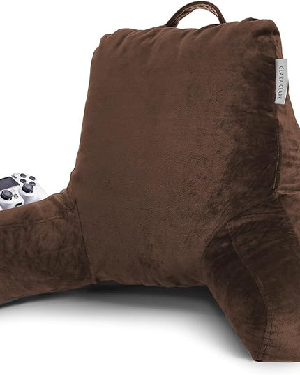 Clara Clark Reading Pillow, Standard Back Pillow for Sitting Up in Bed, Memory Foam Back Support Pillow, Reading Pillows for Sitting in Bed, Chocolate Brown Sit Up Pillow, Arm Pillow with Pockets - LeafyLoom