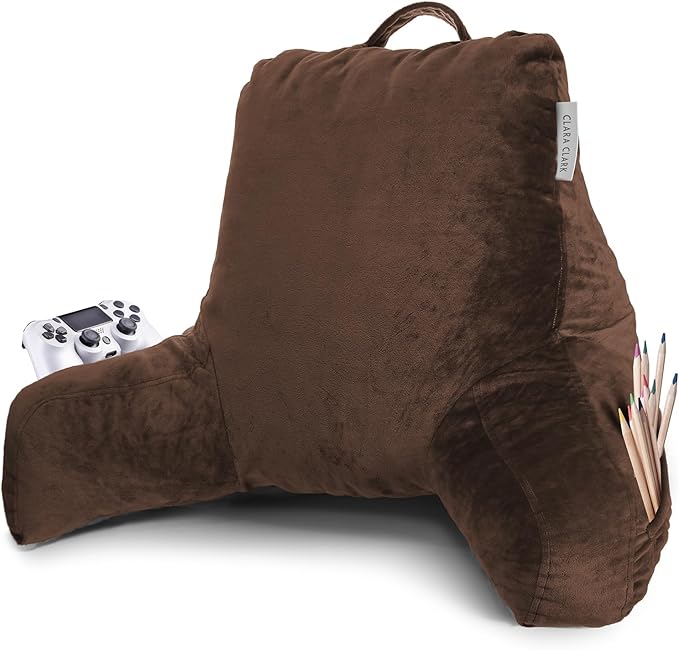 Clara Clark Reading Pillow, Standard Back Pillow for Sitting Up in Bed, Memory Foam Back Support Pillow, Reading Pillows for Sitting in Bed, Chocolate Brown Sit Up Pillow, Arm Pillow with Pockets - LeafyLoom