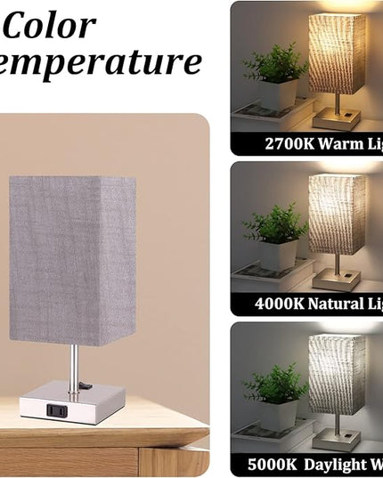 Dott Arts Small Table Lamp for Bedroom Set of 2,2700K 4000k 5000K Nightstand Lamps with AC Outlets，Minimalist Bedside Lamp with Square Shade,Night Light Lamp for Living Room Kids Room Office(Nickle) - LeafyLoom