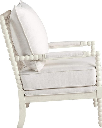 OSP Home Furnishings Kaylee Spindle Accent Chair with Antique Wood Frame, 26.5” W x 32.25” D x 37” H, White Linen Fabric - LeafyLoom