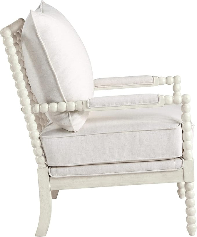OSP Home Furnishings Kaylee Spindle Accent Chair with Antique Wood Frame, 26.5” W x 32.25” D x 37” H, White Linen Fabric - LeafyLoom