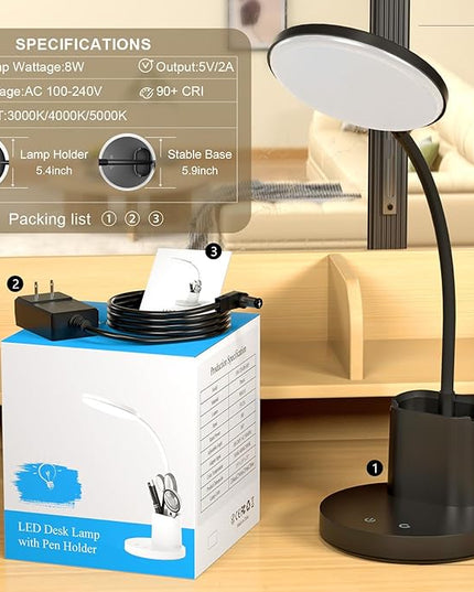 comzler Small Desk Lamp, LED Desk Lamps with Pen Phone Holder, Black Desk Light for Home Office,8W 3 Modes Dimmable LED Desk Light for Kids, Desktop Study Lamps for Bedrooms - LeafyLoom