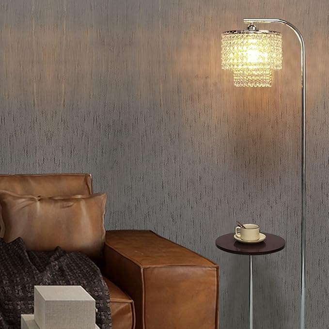 Hsyile Arc Crystal Floor Lamp for Living Room - Marble Base Modern Tall Stand Up Light with Table,Contemporary Over The Couch Chrome Lamp Standing Lamps for Bedroom Office Living Room - LeafyLoom