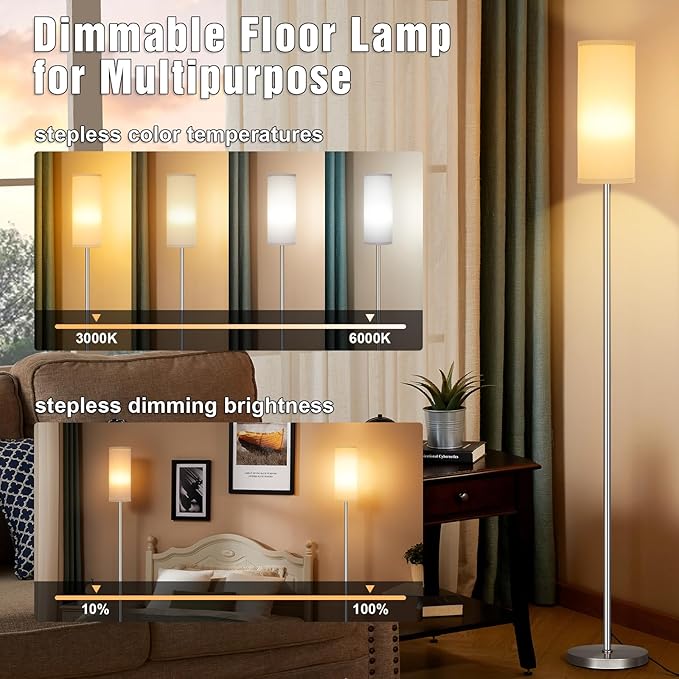 Ambimall Floor Lamps for Living Room, Modern Silver Floor Lamp with Remote Control and Stepless Dimmable Colors Temperature & Brightness (9W Bulb Included, Grey Lampshade) - LeafyLoom
