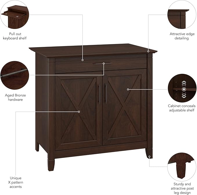 Bush Business Furniture Key West Secretary Desk with Keyboard Tray and Storage Cabinet, 30W x 20D, Bing Cherry - LeafyLoom