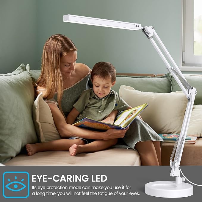 LED Desk Lamp with Clamp and Round Base,Eye Caring Table Lamp with Swing Arm,3 Color Modes 10 Brightness Levels,Memory Function,Desk Light for Home Office with USB Adapter White-14W - LeafyLoom