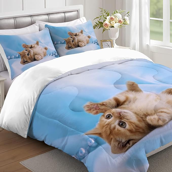 Cat Comforter Set Twin Size for Kids Blue Cat 3Pcs Bedding Set for boys and Girls (1Summer Comforter+ 2 Pillowcases) Lovely Animal Pets Duvet Set - LeafyLoom