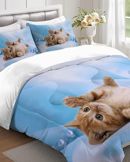 Cat Comforter Set Queen Size for Kids Blue Cat 3Pcs Bedding Set for boys and Girls (1Summer Comforter+ 2 Pillowcases) Lovely Animal Pets Duvet Set - LeafyLoom