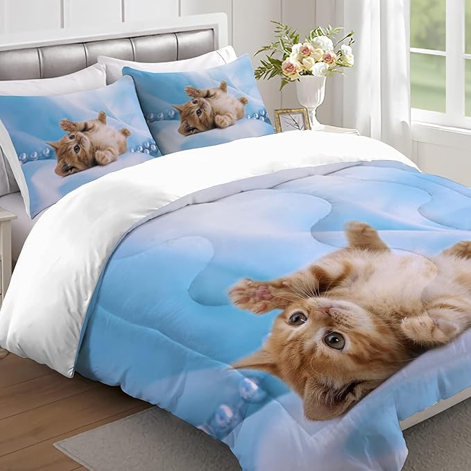 Cat Comforter Set Queen Size for Kids Blue Cat 3Pcs Bedding Set for boys and Girls (1Summer Comforter+ 2 Pillowcases) Lovely Animal Pets Duvet Set - LeafyLoom