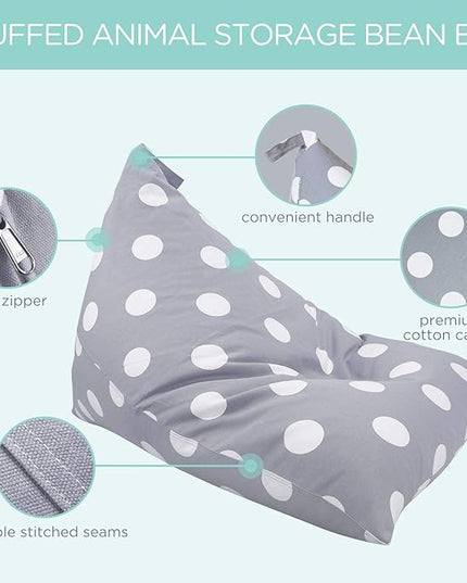 Aubliss Stuffed Animal Storage Bean Bag Chair Cover, 50"x 35" Extra Large Bean Bags for Kids & Adults, Beanbag Toy Storage for Boys Girls - Premium Cotton Canvas Grey Dot - LeafyLoom