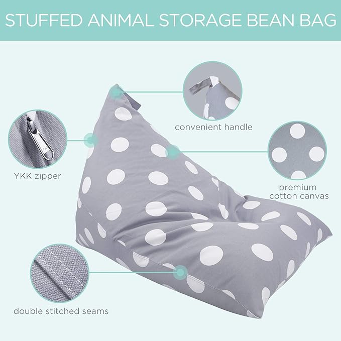 Aubliss Stuffed Animal Storage Bean Bag Chair Cover, 50"x 35" Extra Large Bean Bags for Kids & Adults, Beanbag Toy Storage for Boys Girls - Premium Cotton Canvas Grey Dot - LeafyLoom