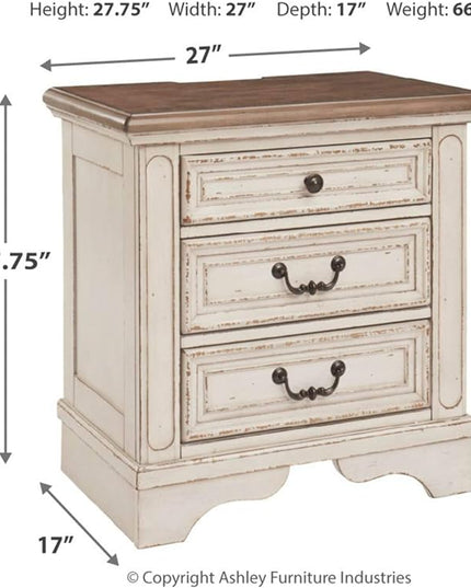 Signature Design by Ashley Realyn French Country 3 Drawer Nightstand with Electrical Outlets & USB Ports, Chipped White - LeafyLoom