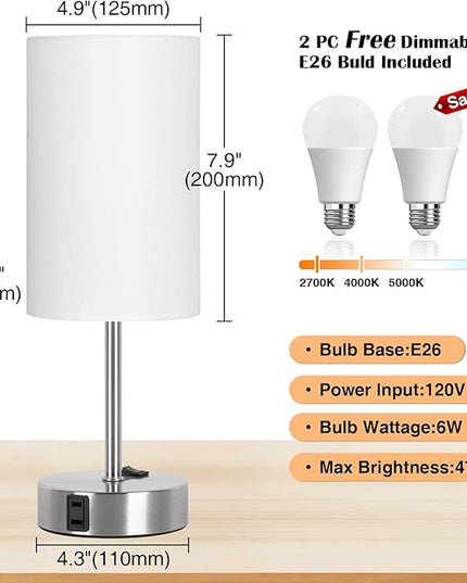 ZJOJO Bedside Lamps with AC Port, Table Lamp for Bedroom 3 Way Dimmable Nightstand Lamp Set of 2 with Round Flaxen Fabric Shade for Living Room, Dorm, Home Office - LeafyLoom