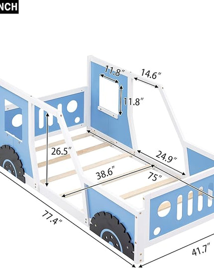 Twin Size Floor Bed for Kids, Race Car-Shaped Wooden Platform Montessori Bed Frame with Guardrail and Door for Boys Girls Child's Bedroom, Slats Included, No Spring Need (Blue) - LeafyLoom