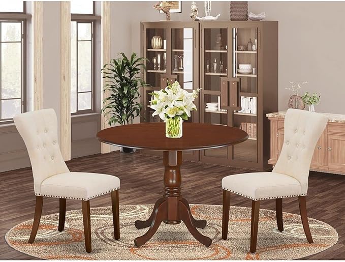 East West Furniture Dublin 3 Piece Modern Set Contains a Round Wooden Table with Dropleaf and 2 Light Beige Linen Fabric Parsons Dining Chairs, 42x42 Inch, DLGA3-MAH-32 - LeafyLoom