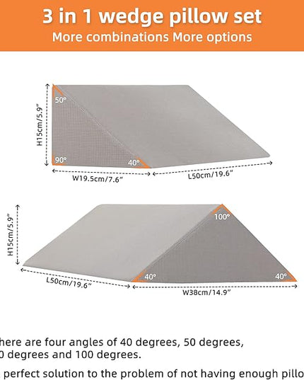 Bed Wedges & Body Positioners (3 in 1), 40 Degree Wedges for Bed Positioning,Positioning Pillows for Elderly, Wedge Pillow for Bed Sores, Side Sleeping, After Surgery, Knees Elevated,Back Pain - LeafyLoom
