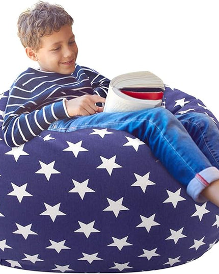 Aubliss Stuffed Animal Storage Bean Bag Chair Cover (No Beans)，Stuff and Sit Storage Bean Bag for Kids Toy Storage, Medium 32"-Canvas Stars Royal Blue - LeafyLoom