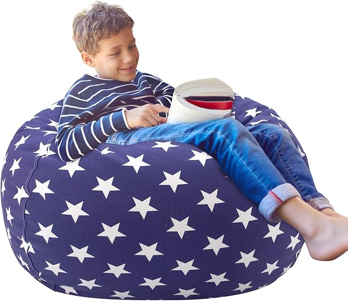 Aubliss Stuffed Animal Storage Bean Bag Chair Cover (No Beans)，Stuff and Sit Storage Bean Bag for Kids Toy Storage, Medium 32"-Canvas Stars Royal Blue - LeafyLoom