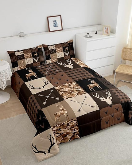 Camo Animal Kids Comforter Set Full Size,Deer Antlers Silhouette Bedding Set,Girls Boys Adults Bedroom/Xmas Decor,Checkered Geometric Down Comforter,Arrow Boho Retro Duvet Insert,3pcs,2 Pillowcases - LeafyLoom