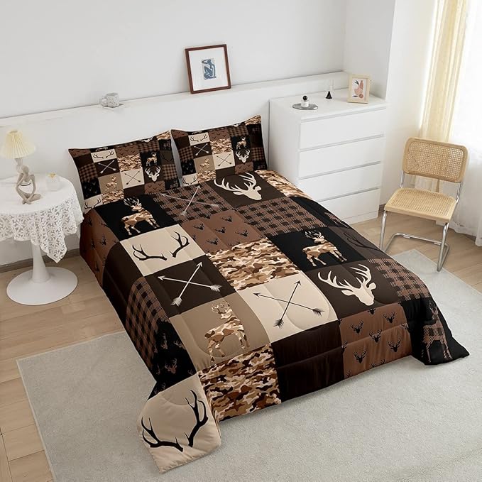 Camo Animal Kids Comforter Set Full Size,Deer Antlers Silhouette Bedding Set,Girls Boys Adults Bedroom/Xmas Decor,Checkered Geometric Down Comforter,Arrow Boho Retro Duvet Insert,3pcs,2 Pillowcases - LeafyLoom