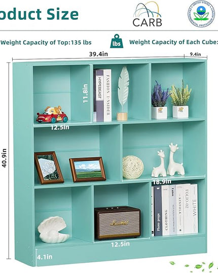 LEYAOYAO 8 Cube Bookshelf with Base,3 Tier Modern Mint-Green Kids Bookcase,Standing Wide Bookshelves Storage Organizer Toy Shelf,Wood Display Children's Book Shelves for Bedroom,Living Room,Nursery - LeafyLoom