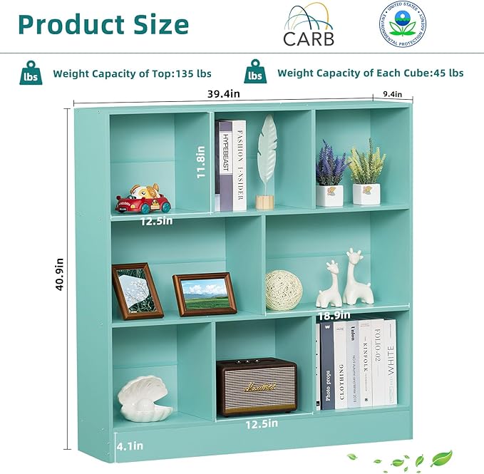 LEYAOYAO 8 Cube Bookshelf with Base,3 Tier Modern Mint-Green Kids Bookcase,Standing Wide Bookshelves Storage Organizer Toy Shelf,Wood Display Children's Book Shelves for Bedroom,Living Room,Nursery - LeafyLoom