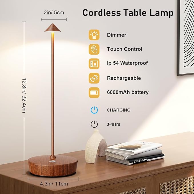 Set of 2 Rechargeable Cordless Table Lamp,6000mAh LED Battery Operated Desk Lamp Touch 3 Color Dimming Portable Outdoor Waterproof Table Light for Patio/Restaurant/Dining/Home (Grain) - LeafyLoom