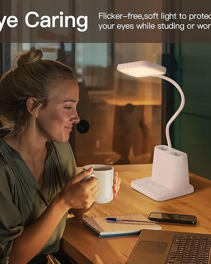 Desk Lamps for Home Office,3 Lighting Modes, Adjustable Brightness, Adjustable Gooseneck Reading Lamp,Rechargeable,Battery Operated Children's Eye Protection Learning Lamp with Pen Holder - LeafyLoom