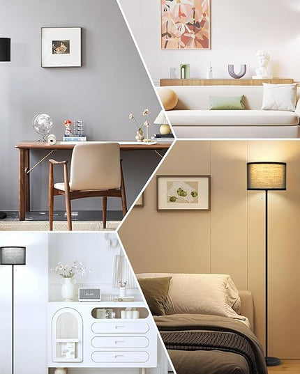 LED Floor Lamp for Living Room, Simple Design Tall Lamp for Bedroom, Modern Floor Lamp with Shade, Black Pole Lamp with Drum Shade, Pull Chain Standing Lamp for Kids Room Dining Room (Bulb Included) - LeafyLoom