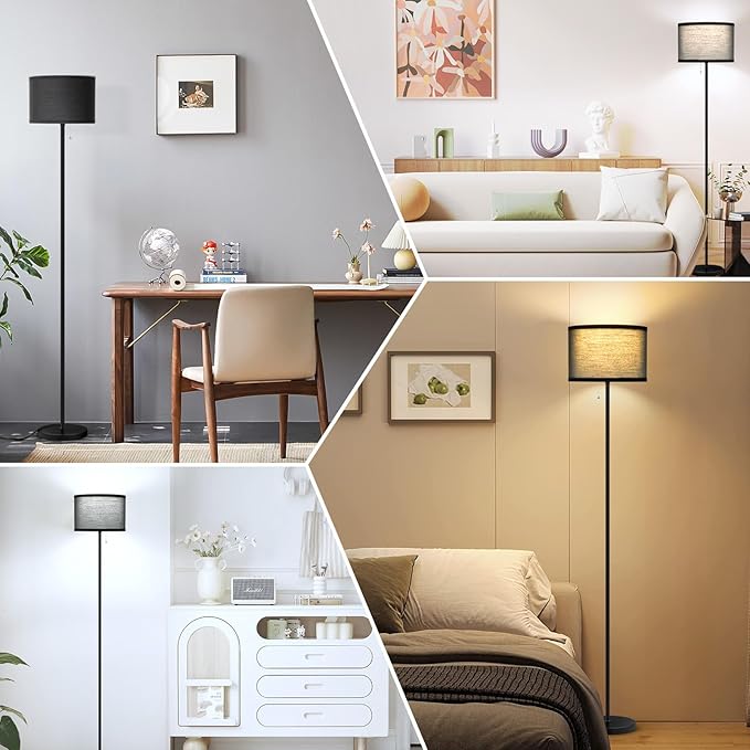 LED Floor Lamp for Living Room, Simple Design Tall Lamp for Bedroom, Modern Floor Lamp with Shade, Black Pole Lamp with Drum Shade, Pull Chain Standing Lamp for Kids Room Dining Room (Bulb Included) - LeafyLoom