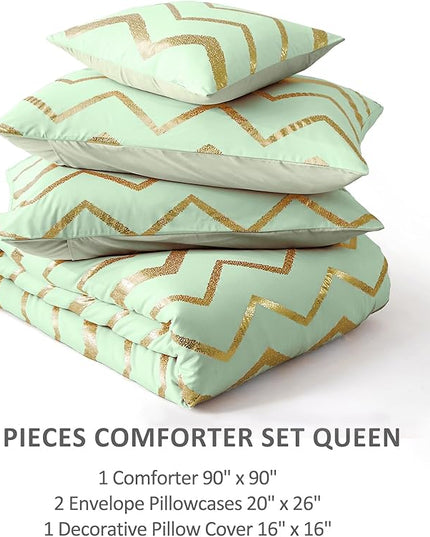 Sage Green/Gold Comforter Set Queen, Metallic Print Glitter Bedding Set Cute Shinny Bed Sets for Teen Girls Kids Women, 4 Piece (2 Pillowcases, 1 Decorative Pillow Sham) - LeafyLoom