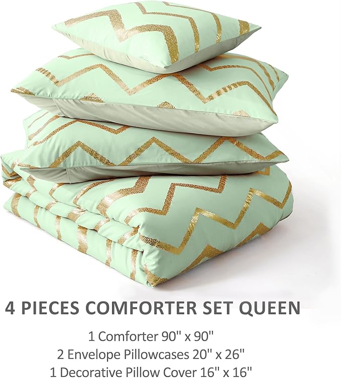 Sage Green/Gold Comforter Set Queen, Metallic Print Glitter Bedding Set Cute Shinny Bed Sets for Teen Girls Kids Women, 4 Piece (2 Pillowcases, 1 Decorative Pillow Sham) - LeafyLoom