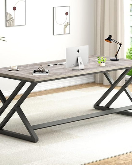 LVB 70.8" Long Office Desk, Modern Large Wood Metal Computer Desk, Industrial Double Workstation Desk for Two People, Rustic PC Executive Work Study Writing Computer Table for Home, Light Grey Oak - LeafyLoom