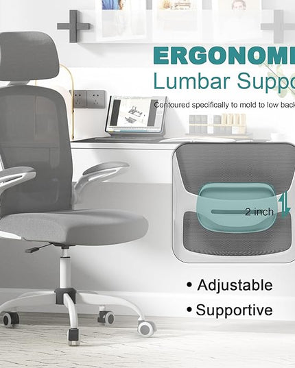Mimoglad Office Chair, High Back Ergonomic Desk Chair with Adjustable Lumbar Support and Headrest, Swivel Task Chair with flip-up Armrests for Guitar Playing, 5 Years Warranty - LeafyLoom