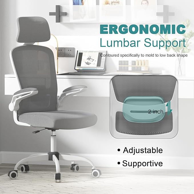 Mimoglad Office Chair, High Back Ergonomic Desk Chair with Adjustable Lumbar Support and Headrest, Swivel Task Chair with flip-up Armrests for Guitar Playing, 5 Years Warranty - LeafyLoom