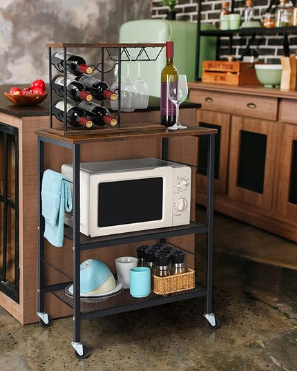 LIANTRAL Rolling Cart, 3-Tier Utility Microwave Bar Coffee Cart Kitchen Storage Shelf On Wheels, Brown Large Side End Table Nightstand for Home Office - LeafyLoom