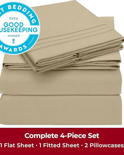 Mellanni California King Sheets Set - 4 PC Iconic Collection Bedding Sheets & Pillowcases - Hotel Luxury, Extra Soft, Cooling Bed Sheets - Deep Pocket up to 16 inch (Cal King, Beige) - LeafyLoom