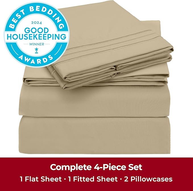 Mellanni California King Sheets Set - 4 PC Iconic Collection Bedding Sheets & Pillowcases - Hotel Luxury, Extra Soft, Cooling Bed Sheets - Deep Pocket up to 16 inch (Cal King, Beige) - LeafyLoom
