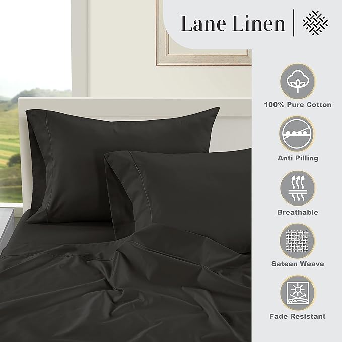 LANE LINEN 100% Egyptian Cotton Bed Sheets - 1000 Thread Count 4-Piece Full Sheets Set, Long Staple Cotton Bedding Sheets, Sateen Weave, Luxury Hotel Sheets, 16" Deep Pocket - Black - LeafyLoom