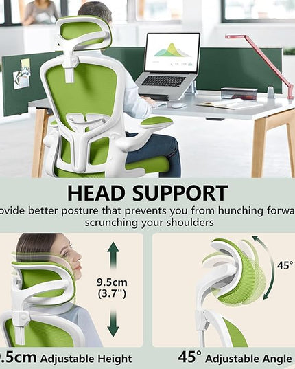 FelixKing Premium Ergonomic Office Chair with Adjustable Headrest, Thickened 90° Flip Armrests, and Lumbar Support – Height Adjustable | Ideal for Home Office Desks and Workstations | Green - LeafyLoom