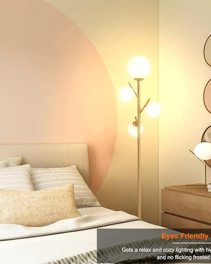 4 Globe Gold Floor Lamp, Modern Sputnik Tree Standing Lamp with Frosted Glass Ball Lampshade & 3000K LED Bulbs, Mid Century Contemporary Tall Lamp for Living Room, Bedroom - Antique Brass - LeafyLoom