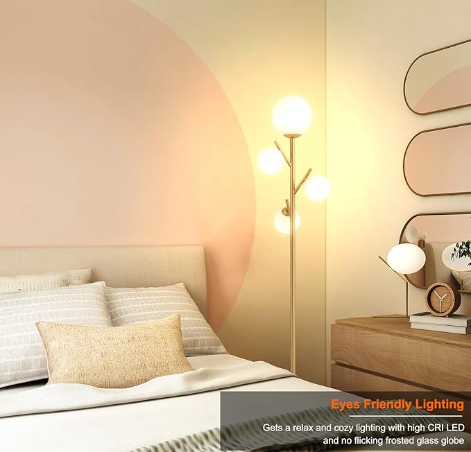 4 Globe Gold Floor Lamp, Modern Sputnik Tree Standing Lamp with Frosted Glass Ball Lampshade & 3000K LED Bulbs, Mid Century Contemporary Tall Lamp for Living Room, Bedroom - Antique Brass - LeafyLoom