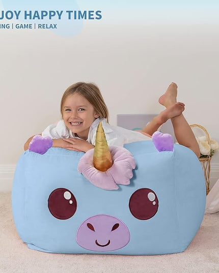 Aubliss Unicorn Stuffed Animal Storage Bean Bag Chair for Kids, Velvet Extra Soft Beanbag Chairs Cover, X-Large Stuffable Zipper Bean Bag for Organizing Plush Toys Girls Bedroom Decor, Blue - LeafyLoom