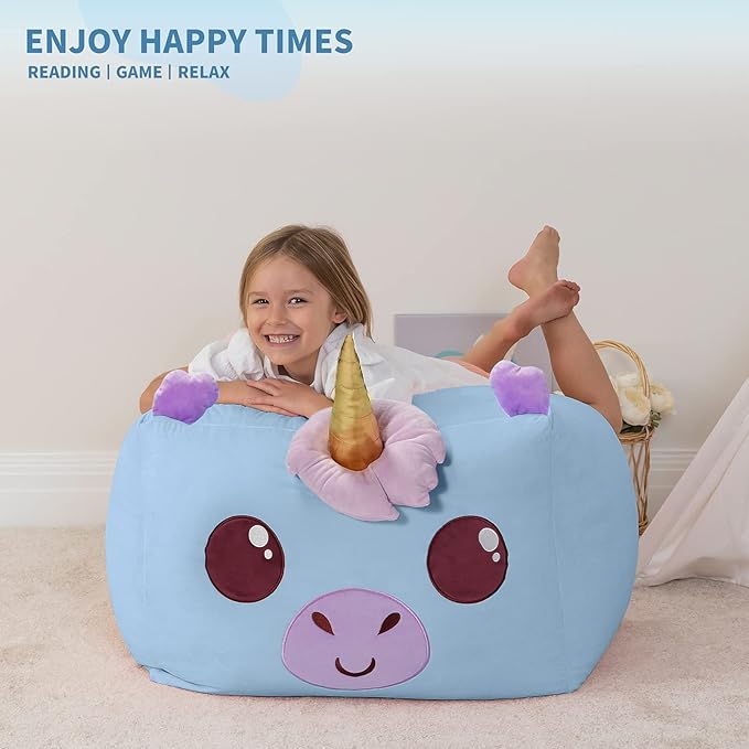 Aubliss Unicorn Stuffed Animal Storage Bean Bag Chair for Kids, Velvet Extra Soft Beanbag Chairs Cover, X-Large Stuffable Zipper Bean Bag for Organizing Plush Toys Girls Bedroom Decor, Blue - LeafyLoom